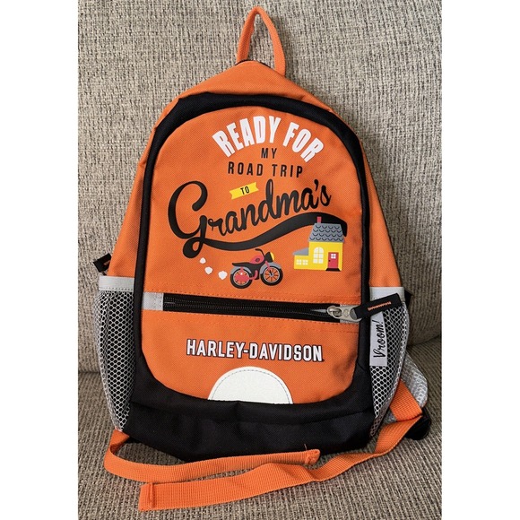 Harley-Davidson Kids Backpack Orange "Ready For Road Trip To Grandma's" Bag - Picture 1 of 6